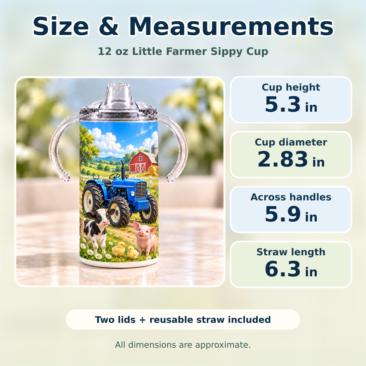 Approximate measurements of the Little Farmer 12 oz sippy cup