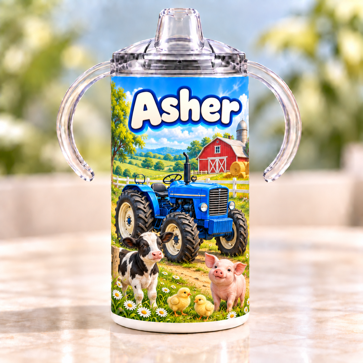 Personalized Little Farmer sippy cup example with the name Asher
