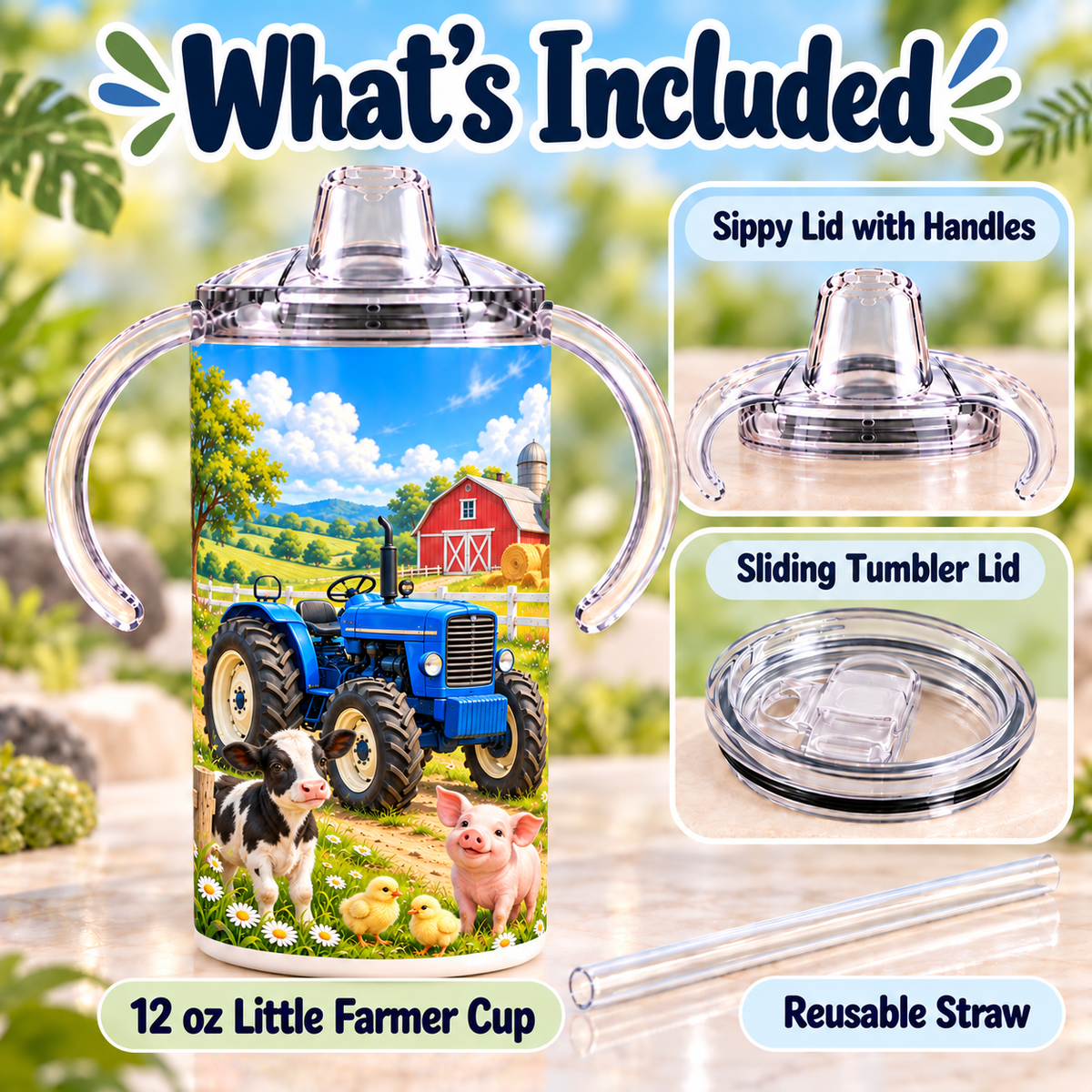 Little Farmer sippy cup with handled sippy lid, sliding tumbler lid and reusable straw