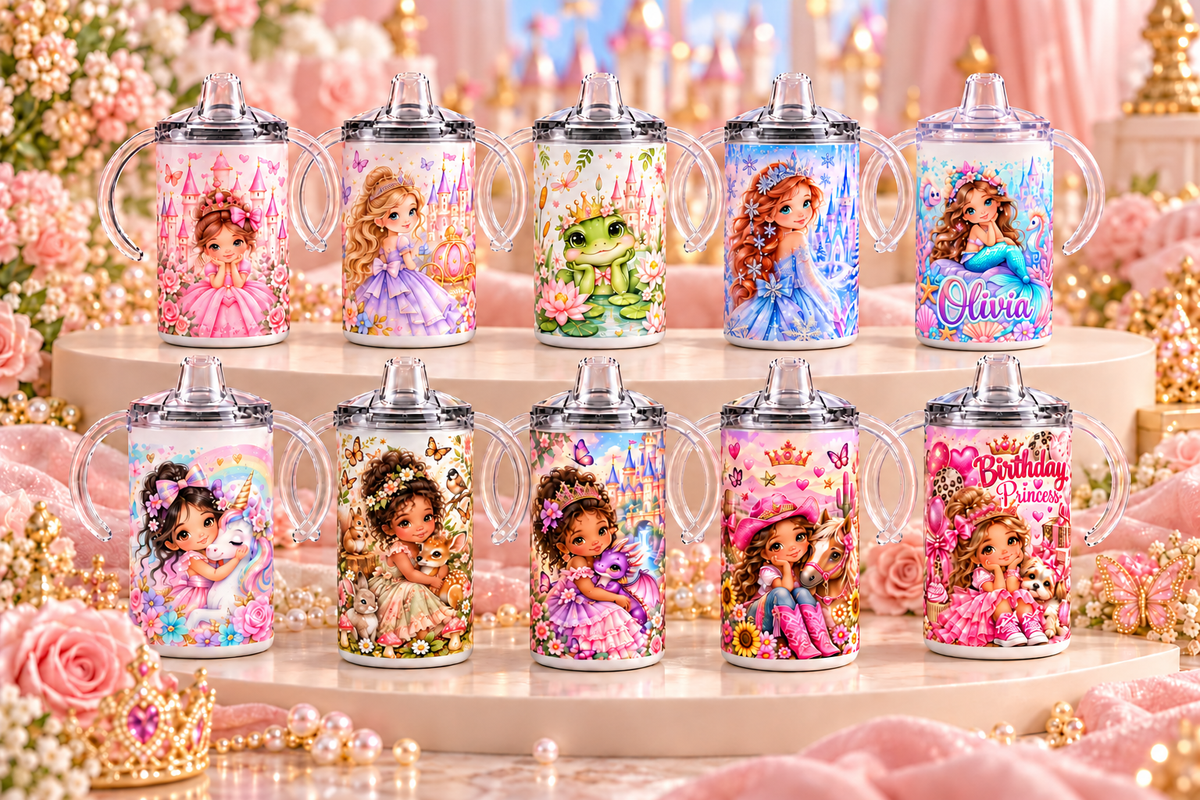 Ten princess-themed toddler sippy cups with clear handles displayed on two tiers.