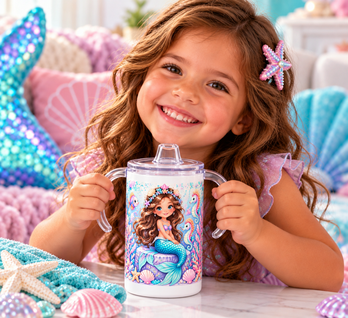 Mermaid Princess 12 oz kids sippy cup lifestyle image