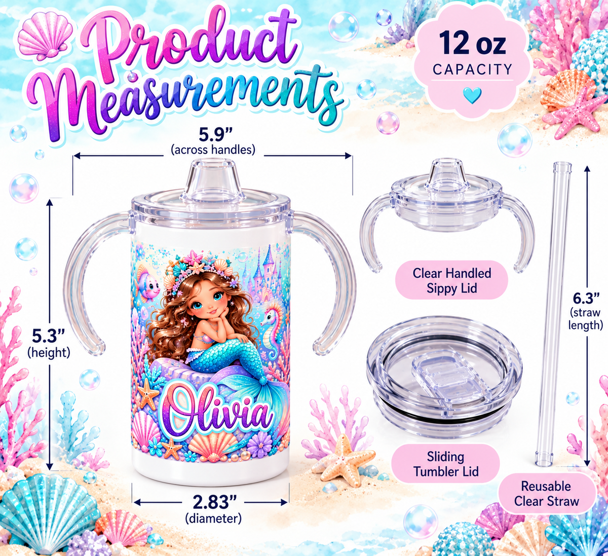 Mermaid Princess sippy cup measurements