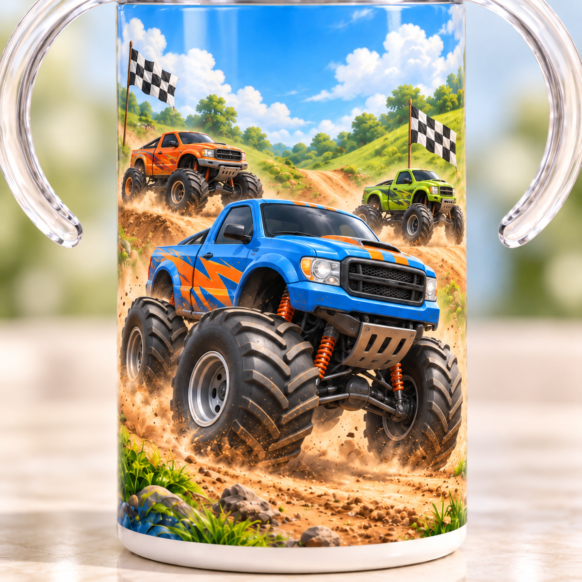 Close-up of the blue, orange and green monster truck design on the 12 oz sippy cup