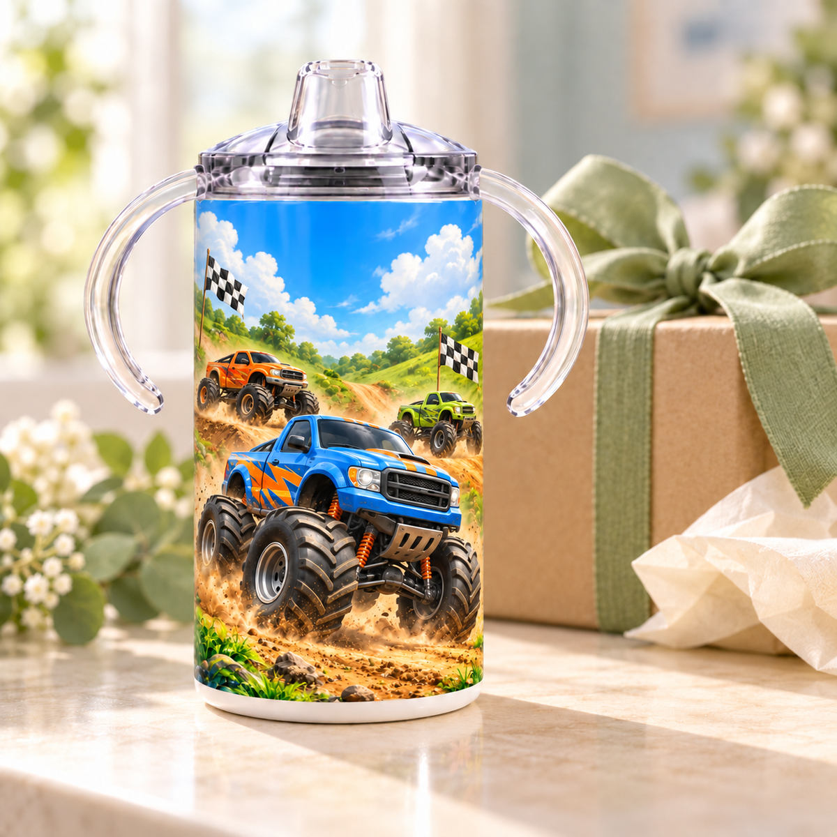Monster truck 12 oz sippy cup beside a kraft gift box with a sage ribbon