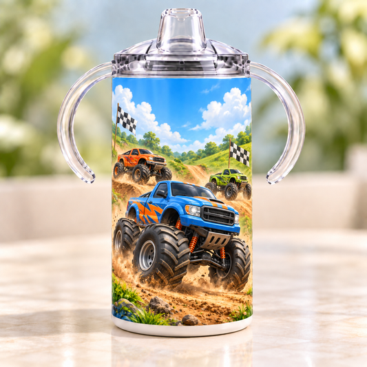 Monster truck 12 oz sippy cup with clear handled lid and blue, orange and green trucks