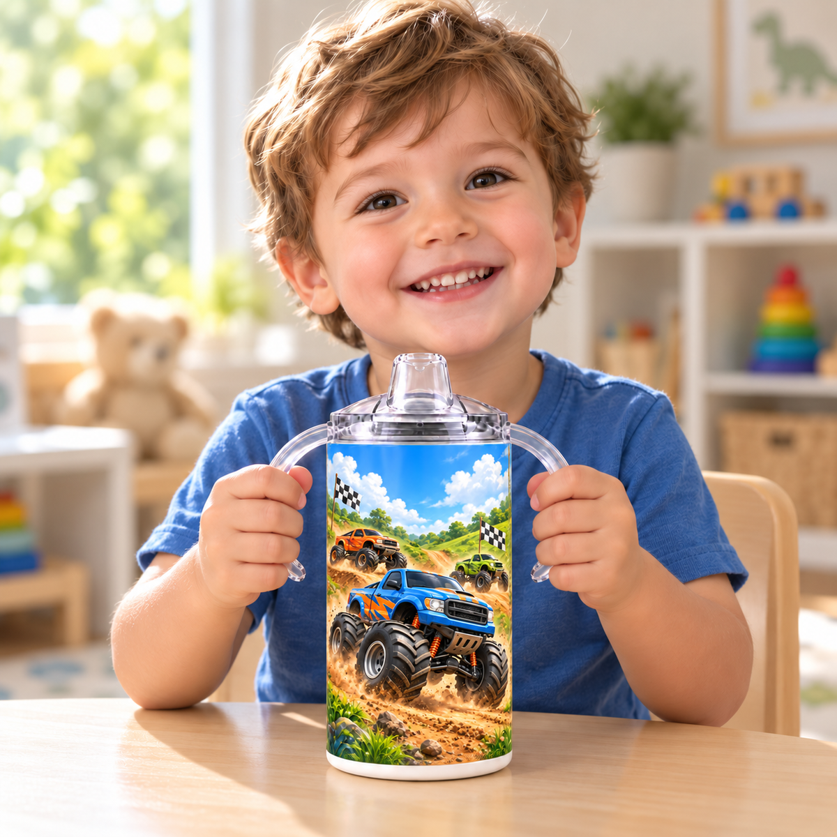 Little boy holding the monster truck sippy cup by its clear handles