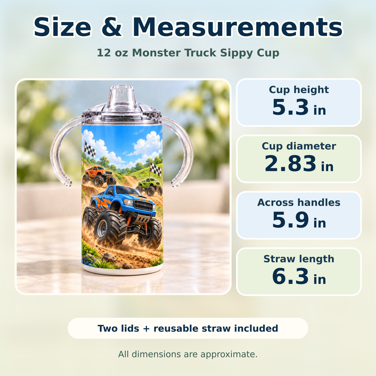 Approximate measurements of the monster truck 12 oz sippy cup