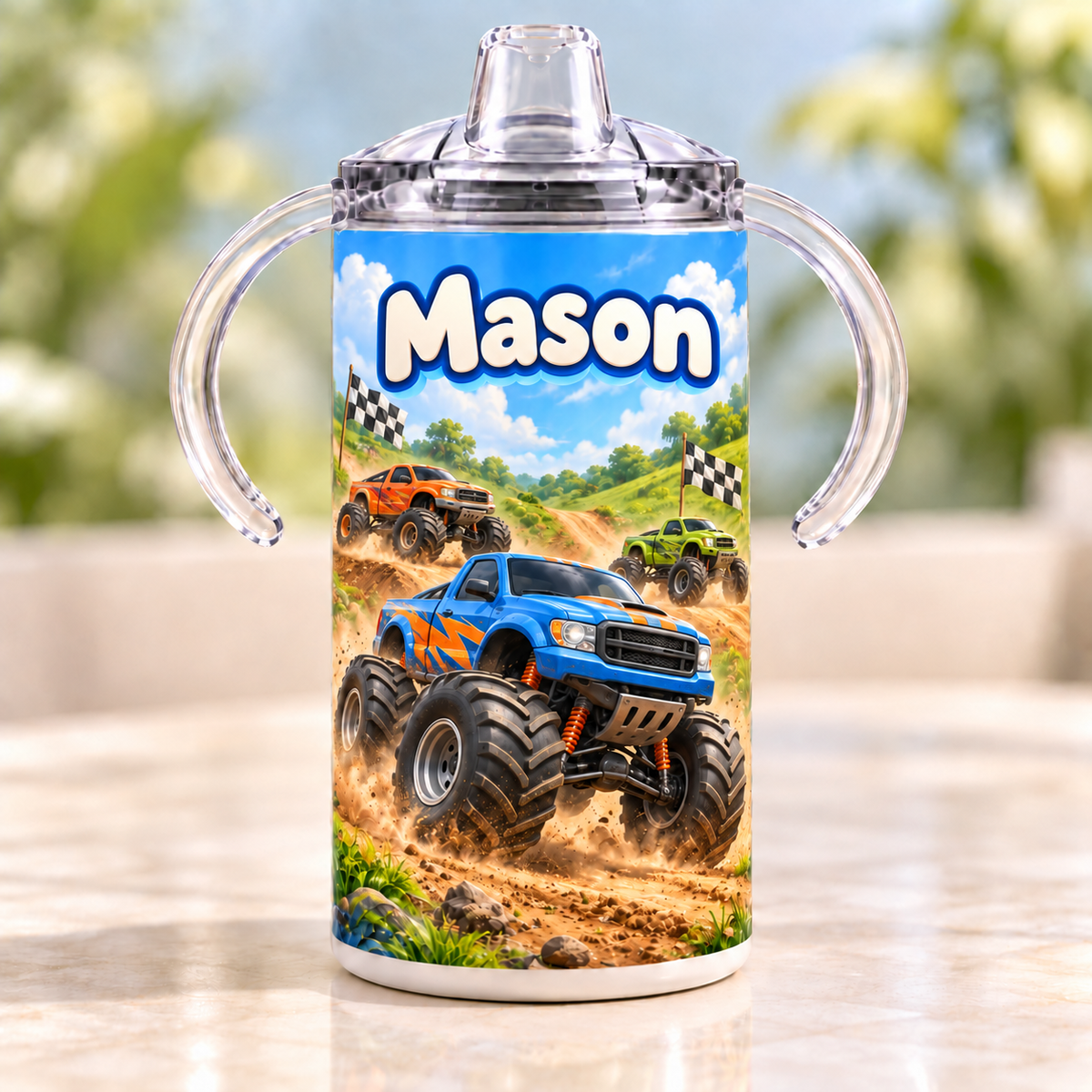 Personalized monster truck sippy cup example with the name Mason