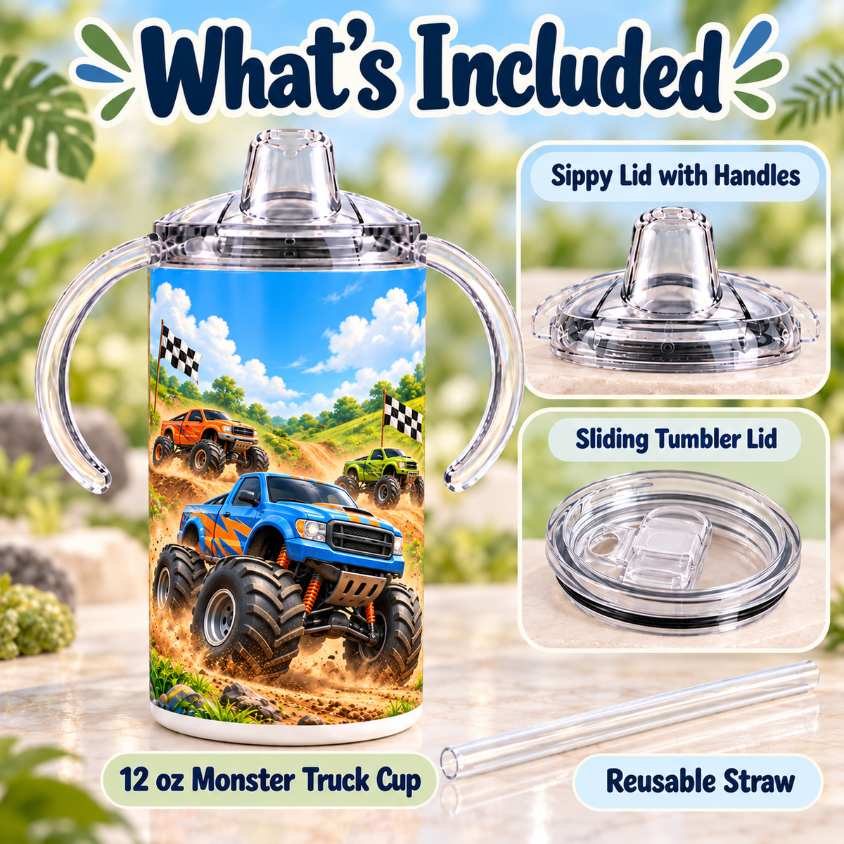 Monster truck sippy cup with handled sippy lid, sliding tumbler lid and reusable straw