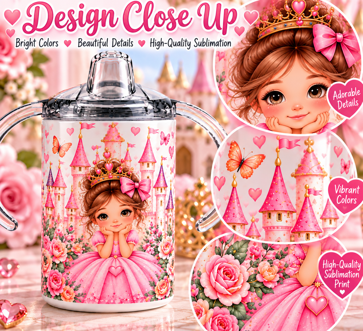 Close-up details of the Pink Castle Princess sublimation design