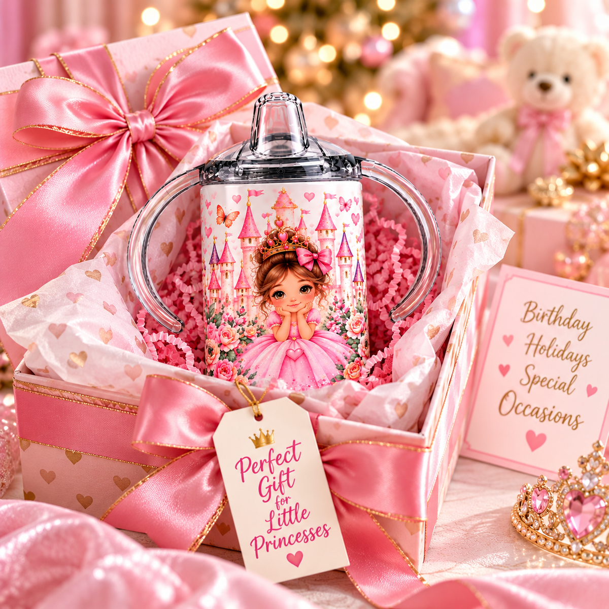 Pink Castle Princess sippy cup styled as a gift