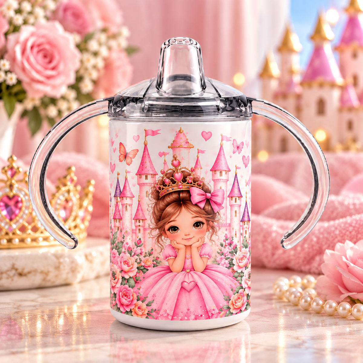 Pink Castle Princess 12 oz sippy cup with clear handled lid