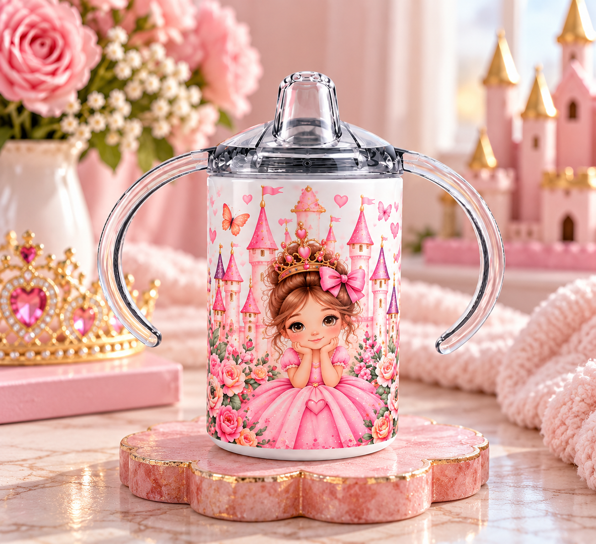 Pink Castle Princess sippy cup in a pink princess setting