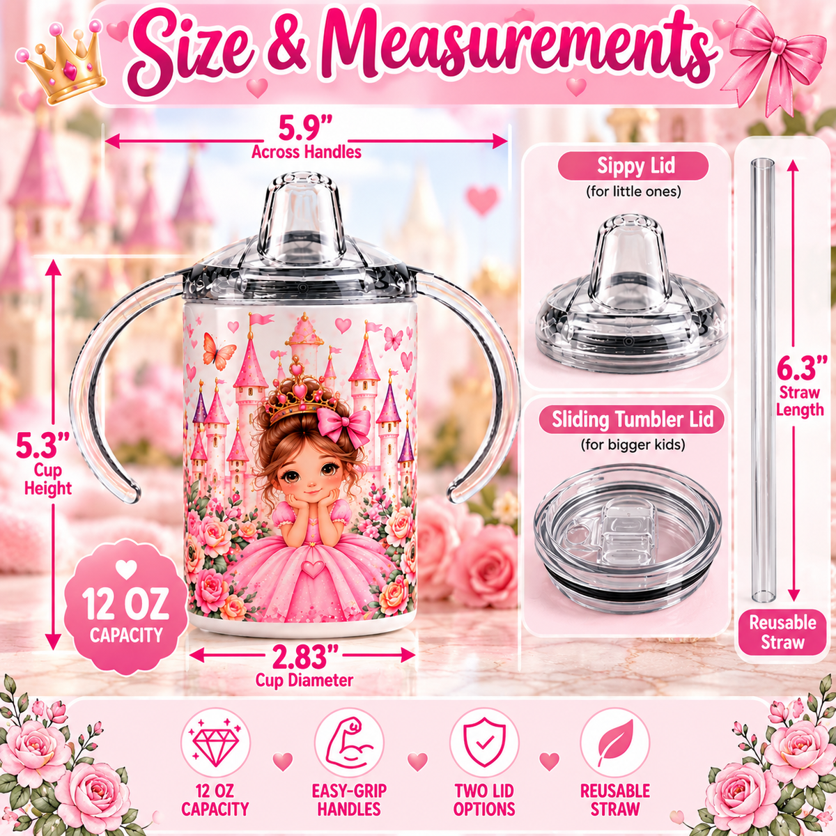 Pink Castle Princess 12 oz sippy cup size and measurements
