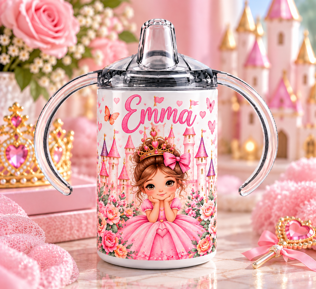 Personalized Pink Castle Princess sippy cup example with the name Emma