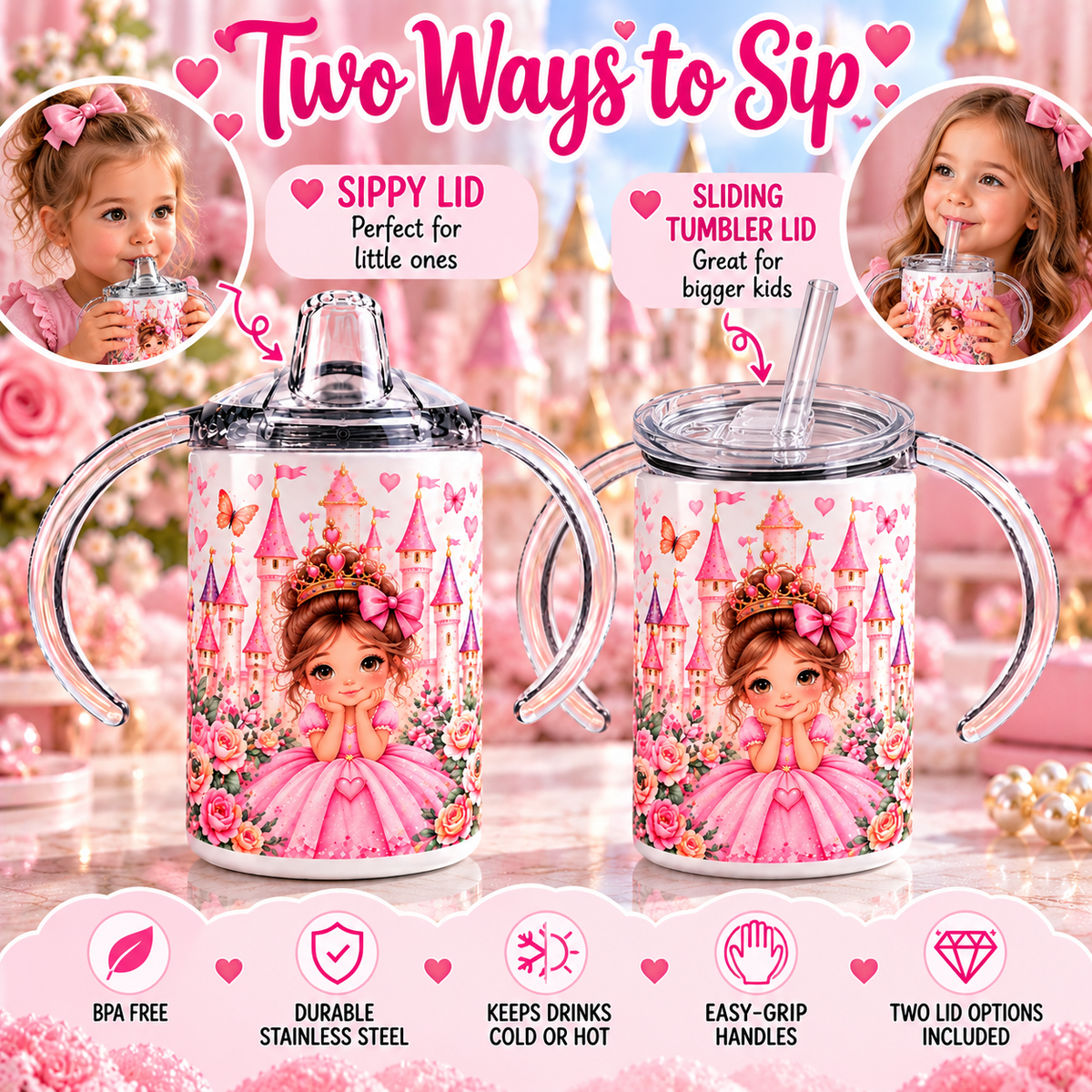 Two lid options for the Pink Castle Princess sippy cup