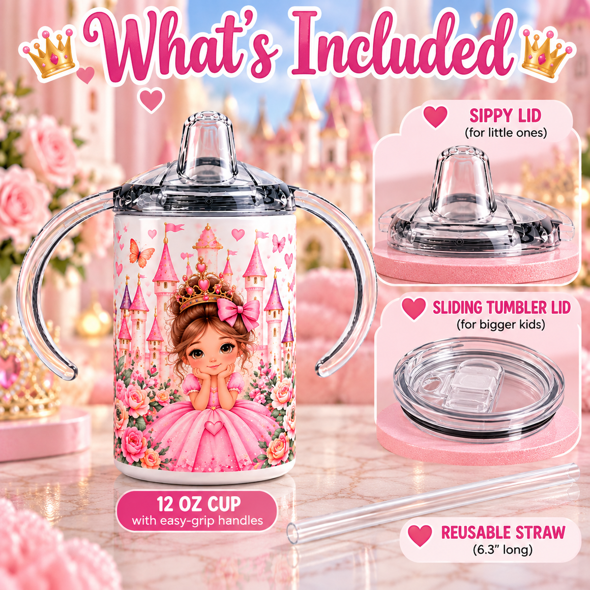 What's included with the Pink Castle Princess 12 oz sippy cup
