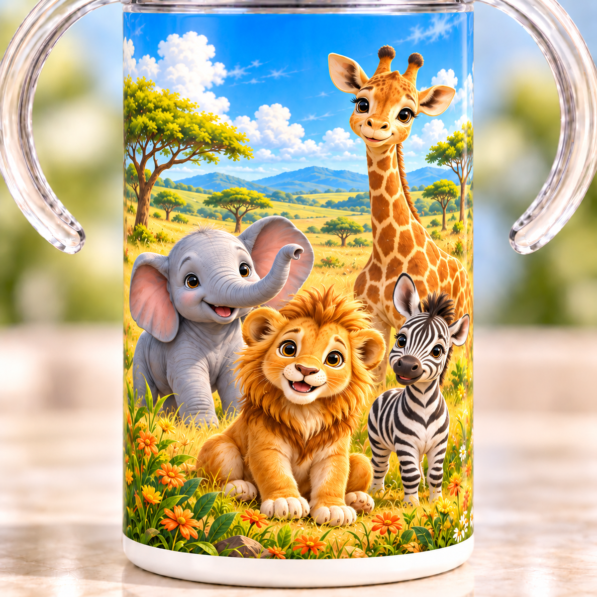 Close-up of the lion, elephant, giraffe and zebra artwork printed on the sippy cup