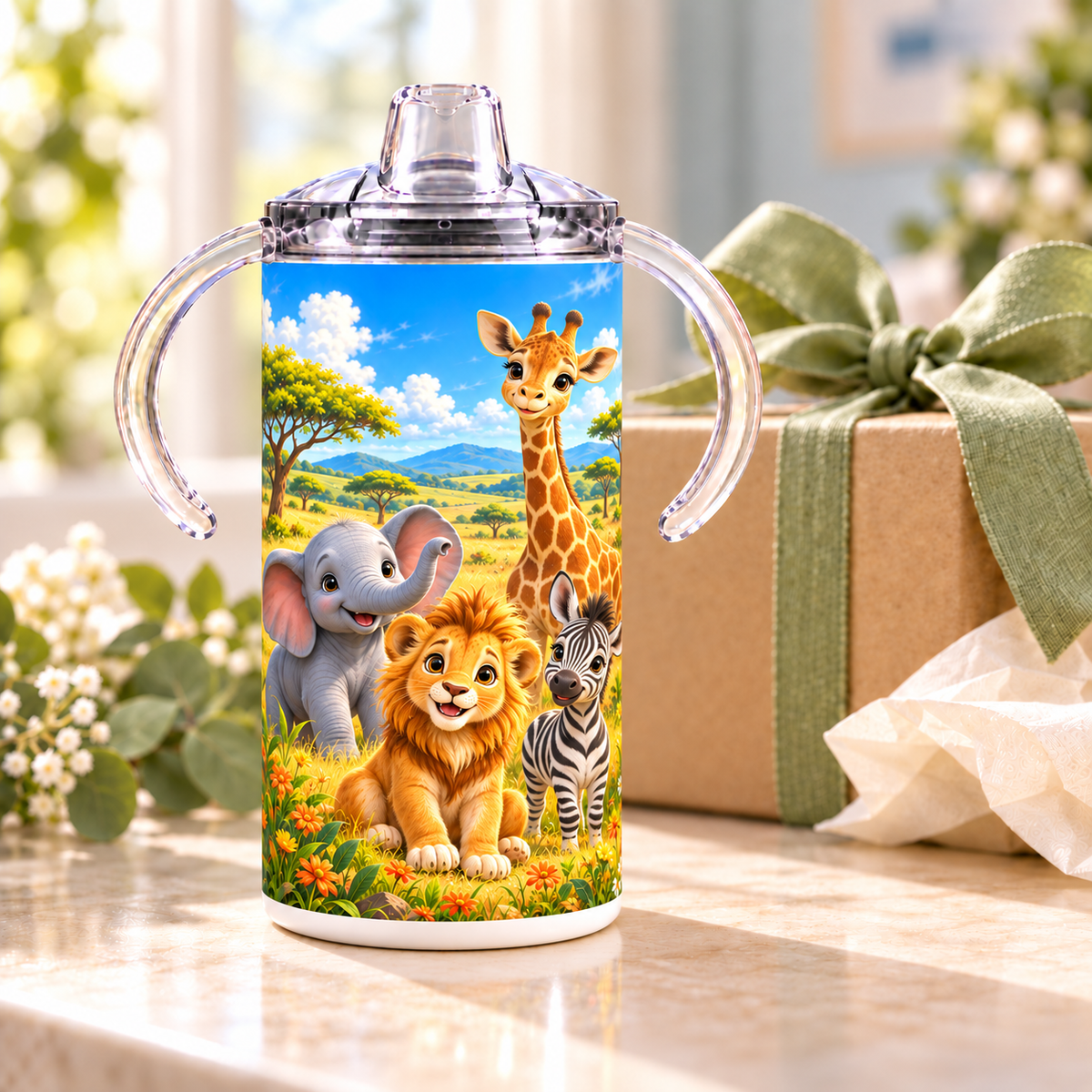 Safari Adventure sippy cup styled beside a kraft gift box with a sage ribbon; gift props shown for styling