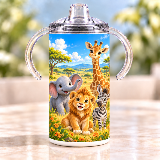 Safari Adventure 12 oz sippy cup with clear handled lid and lion, elephant, giraffe and zebra artwork
