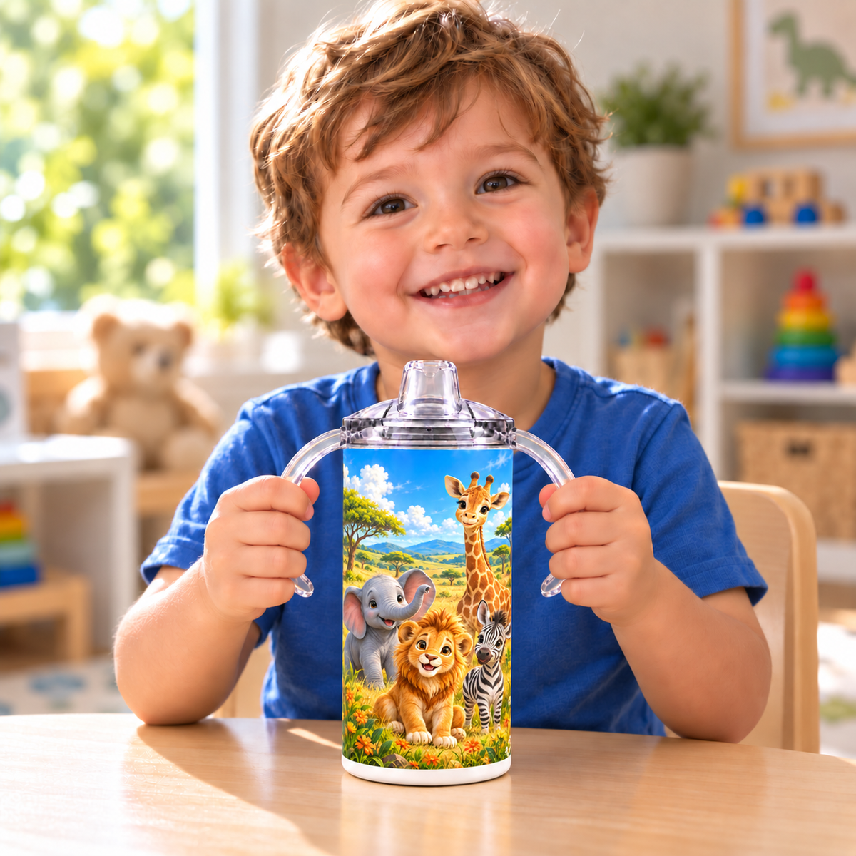 Little boy holding the Safari Adventure sippy cup by its clear handles
