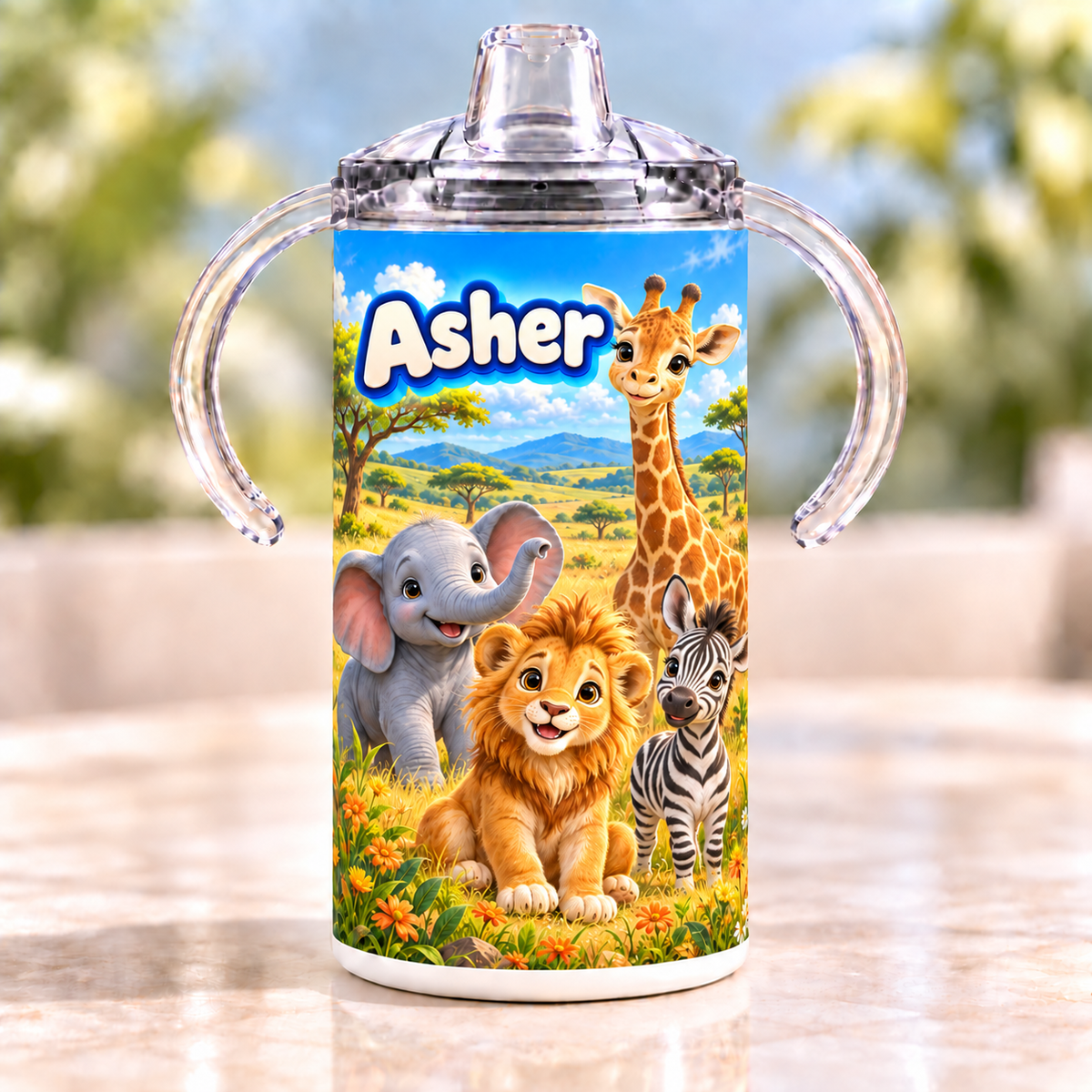 Personalized Safari Adventure sippy cup example with the name Asher
