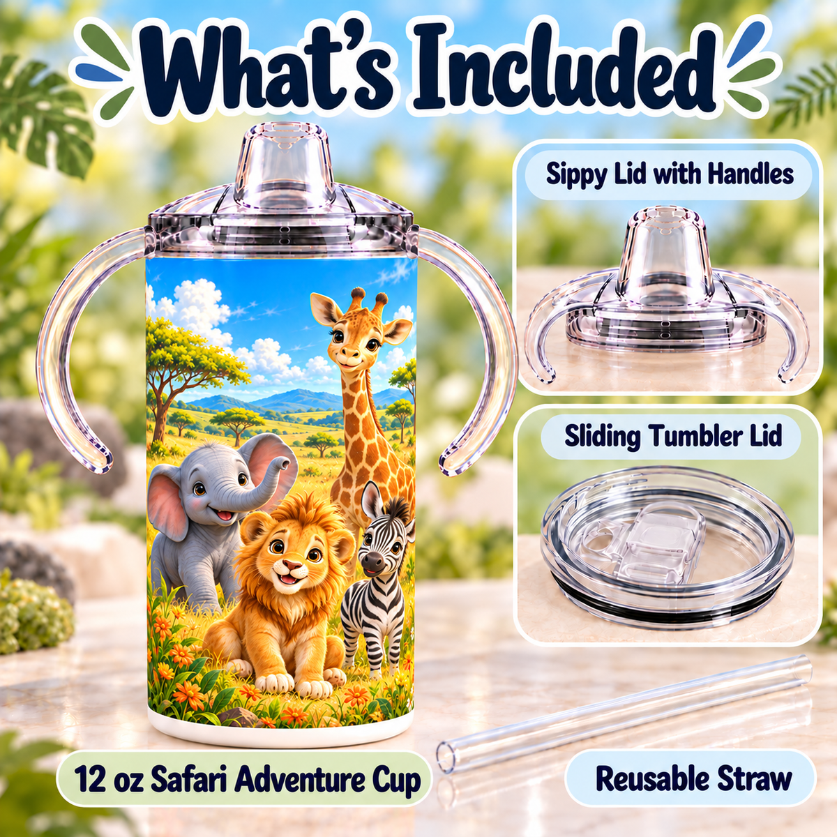 Safari Adventure sippy cup with handled sippy lid, sliding tumbler lid and reusable straw
