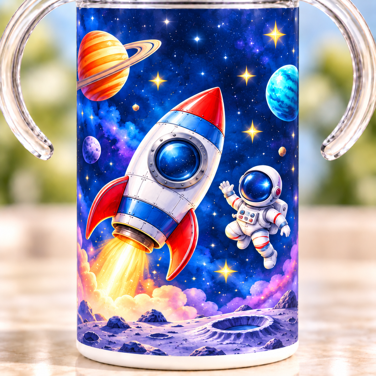 Close-up of the rocket, astronaut, planets and lunar artwork printed on the sippy cup