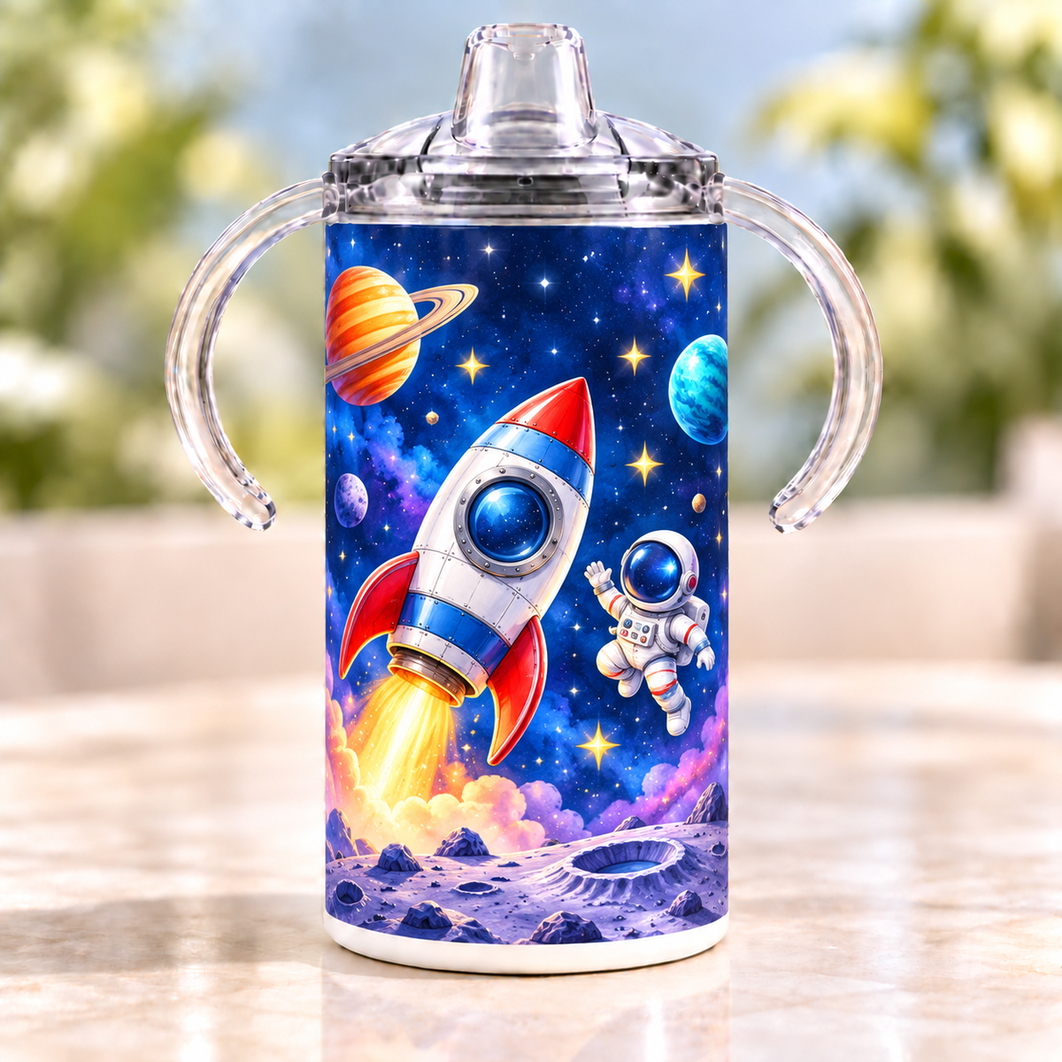 Space Explorer 12 oz sippy cup with clear handled lid, rocket, astronaut and planet artwork