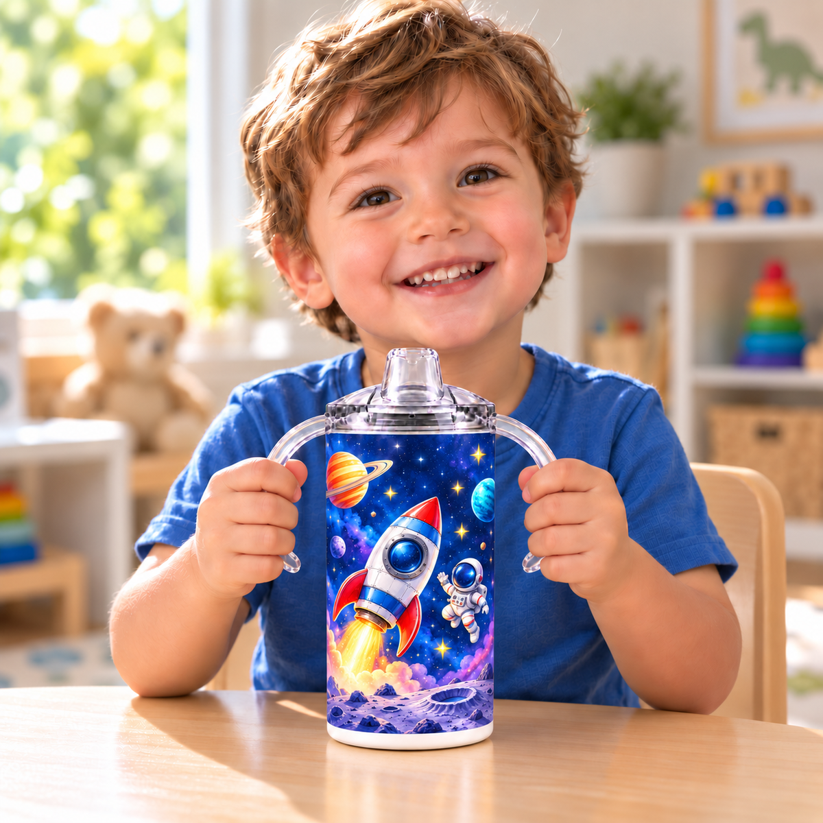 Little boy holding the Space Explorer sippy cup by its clear handles