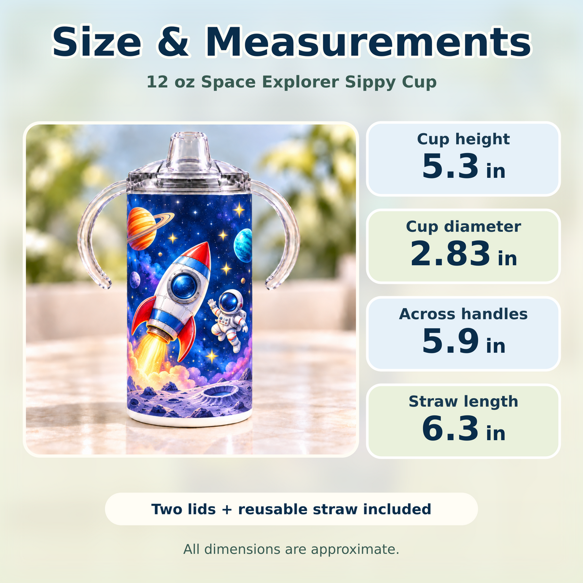 Approximate measurements of the Space Explorer 12 oz sippy cup