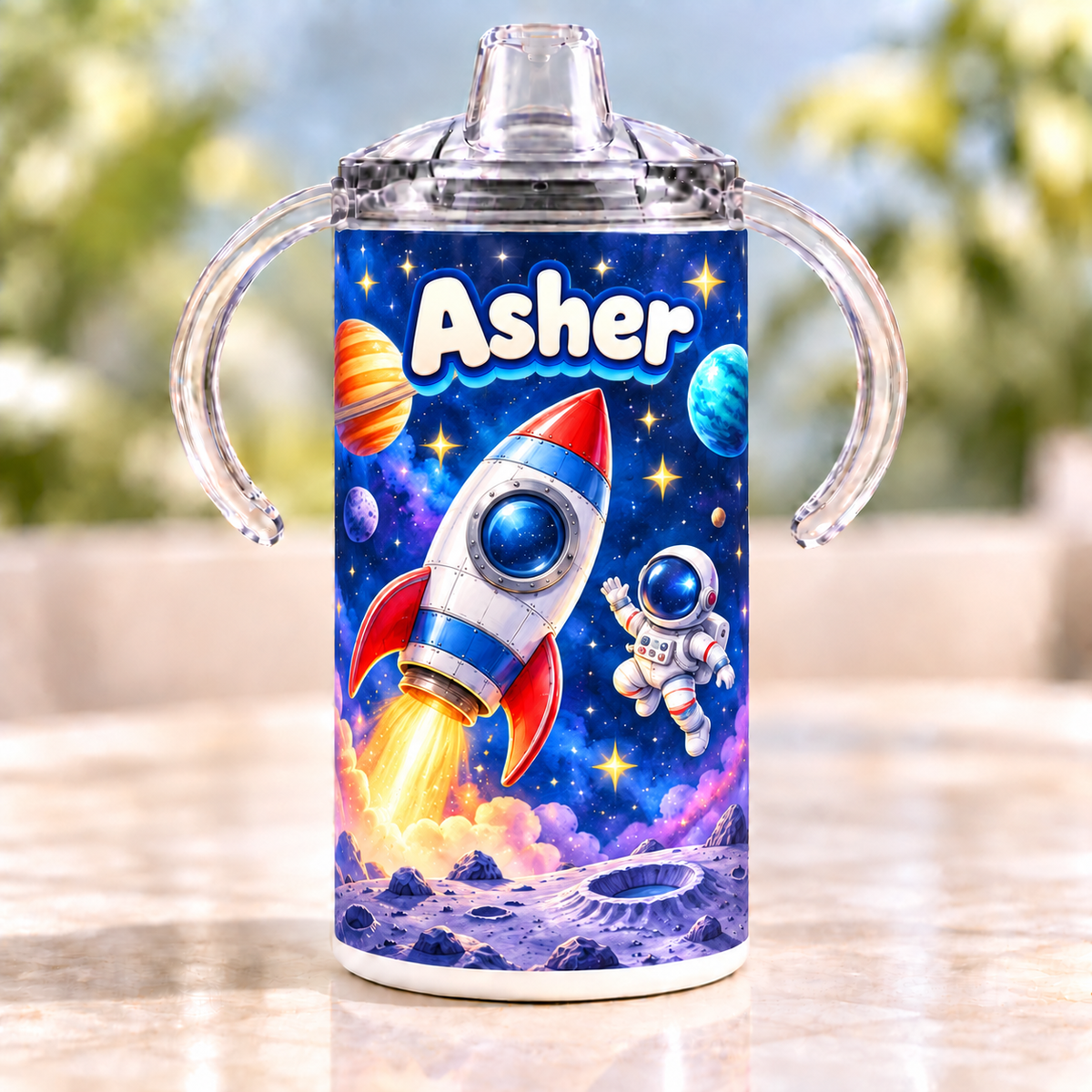 Personalized Space Explorer sippy cup example with the name Asher