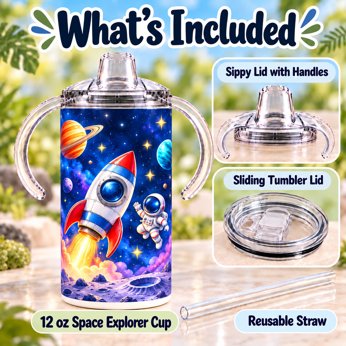 Space Explorer sippy cup with handled sippy lid, sliding tumbler lid and reusable straw