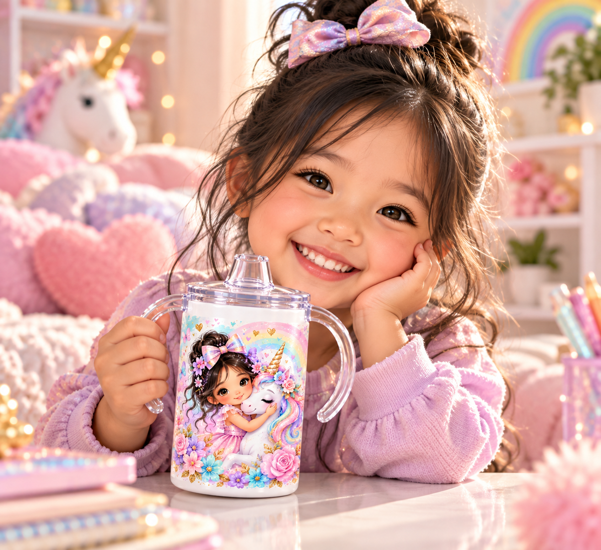 Unicorn Princess sippy cup lifestyle image with child